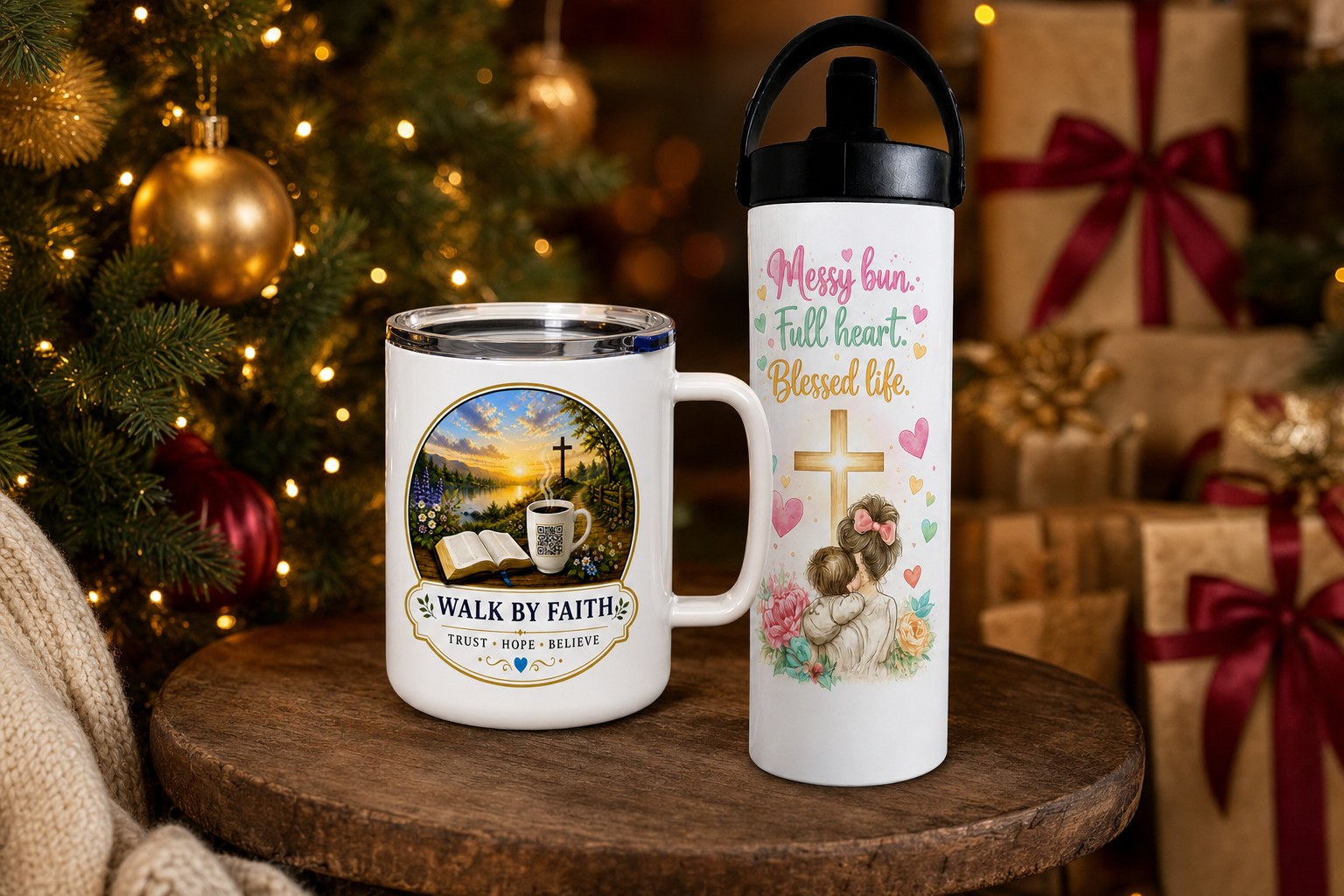 Walk By Faith mug and Messy Bun Full Heart tumbler styled beside a Christmas tree